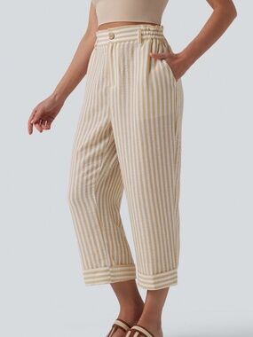Halara Tan & White Striped Cropped Wide Leg Paperbag Waist NWT